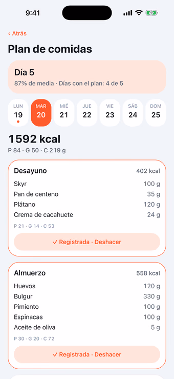 Plan de comidas de Munoo con menú diario y calorías