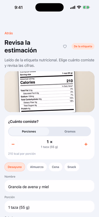 Escaneo de etiqueta nutricional en Munoo con selector de raciones