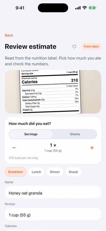 Munoo nutrition label scan with servings stepper