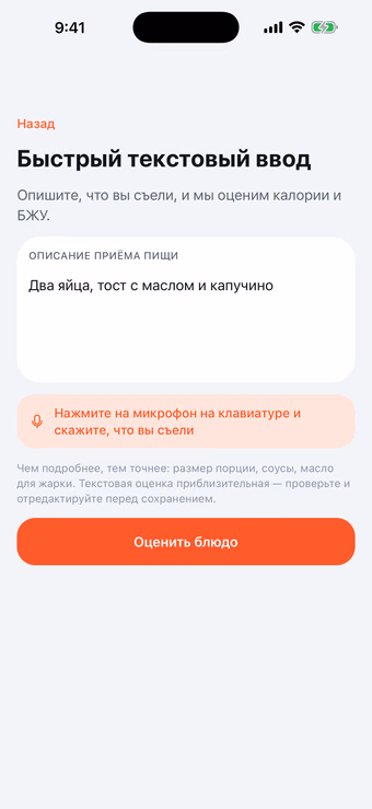 Быстрый текстовый ввод в Munoo с описанием приёма пищи