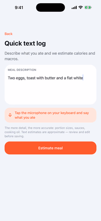 Munoo quick text log screen with a typed meal description