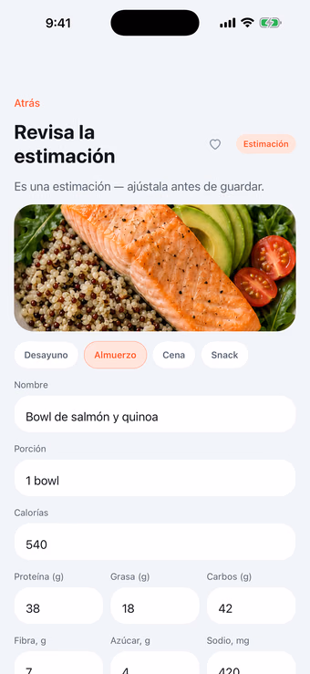 Pantalla de estimación de Munoo para un bowl de salmón con calorías, proteínas, grasas y carbohidratos