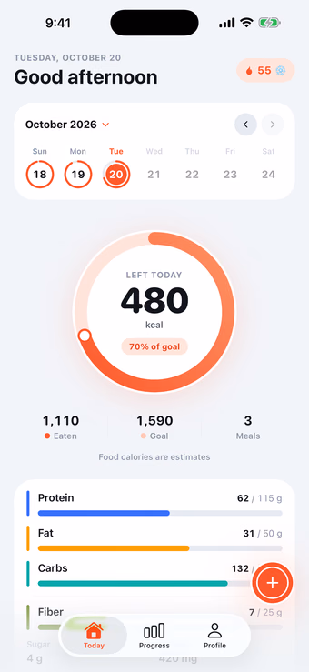 Munoo today screen with calories left ring, macros and fiber