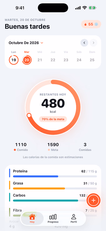 Pantalla Hoy de Munoo con anillo de calorías restantes, macros y fibra